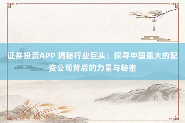 证券投资APP 揭秘行业巨头：探寻中国最大的配资公司背后的力量与秘密